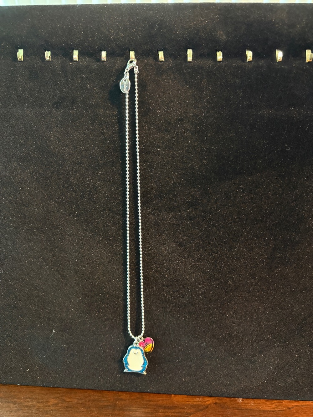 Silver Penguin Pendant Necklace with Pink BFF Charm